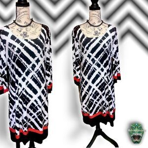 RONNI Nicole White, Black, Red Stretch Jersey 3/4 Length Sleeve Sheath Dress,12